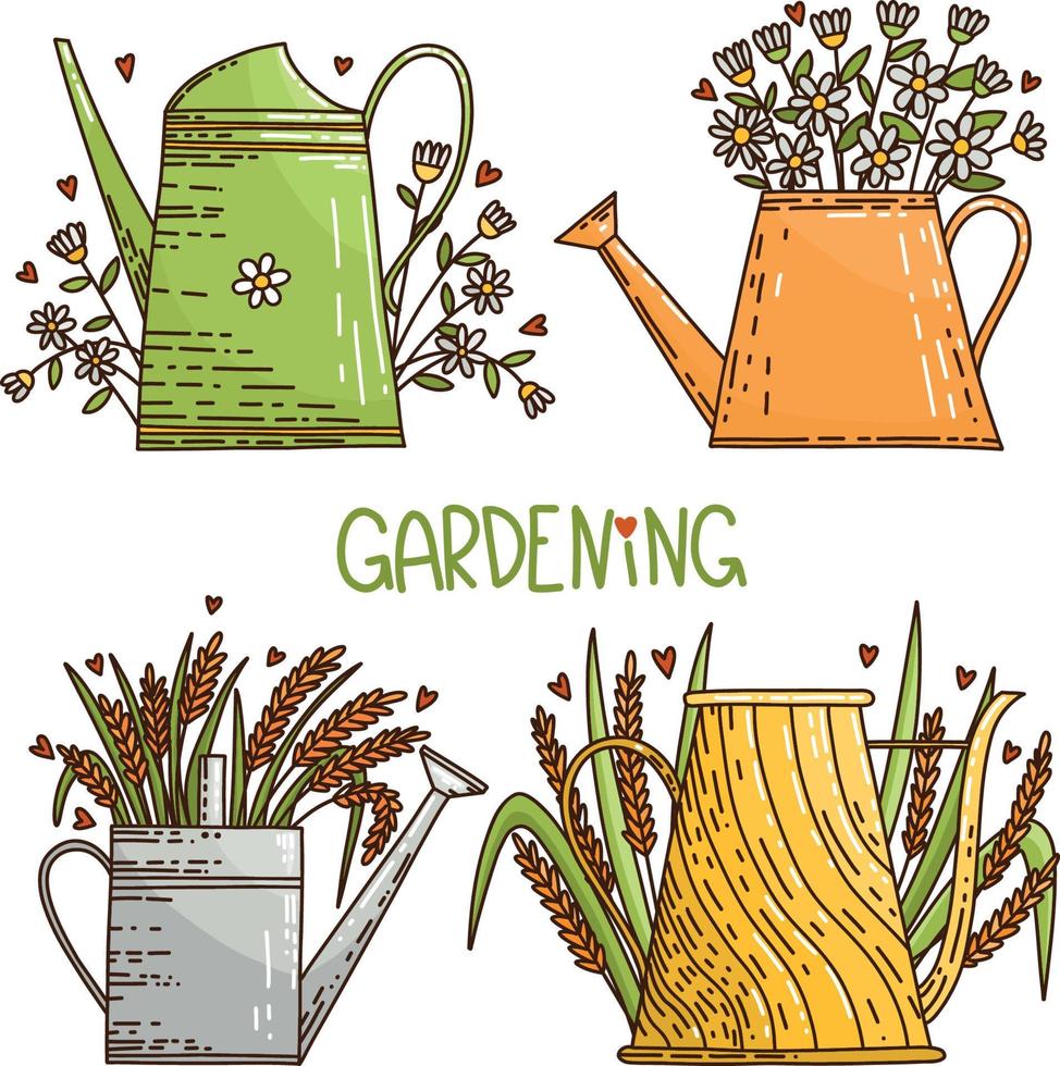 vector set jardinagem - quatro regadores brilhantes com margaridas de flores e espigas e corações