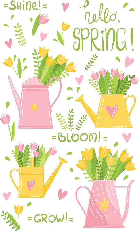 conjunto de vetores Olá primavera nas cores rosa, amarelo e verde, quatro regadores, buquês, folhas, plantas, tulipas, inscrições e corações. palavras - brilhar, florescer e crescer