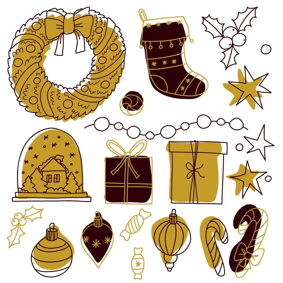 doodles elementos de natal. itens de vetor de cor. ilustração com decoração de ano novo. design para estampas e cartões