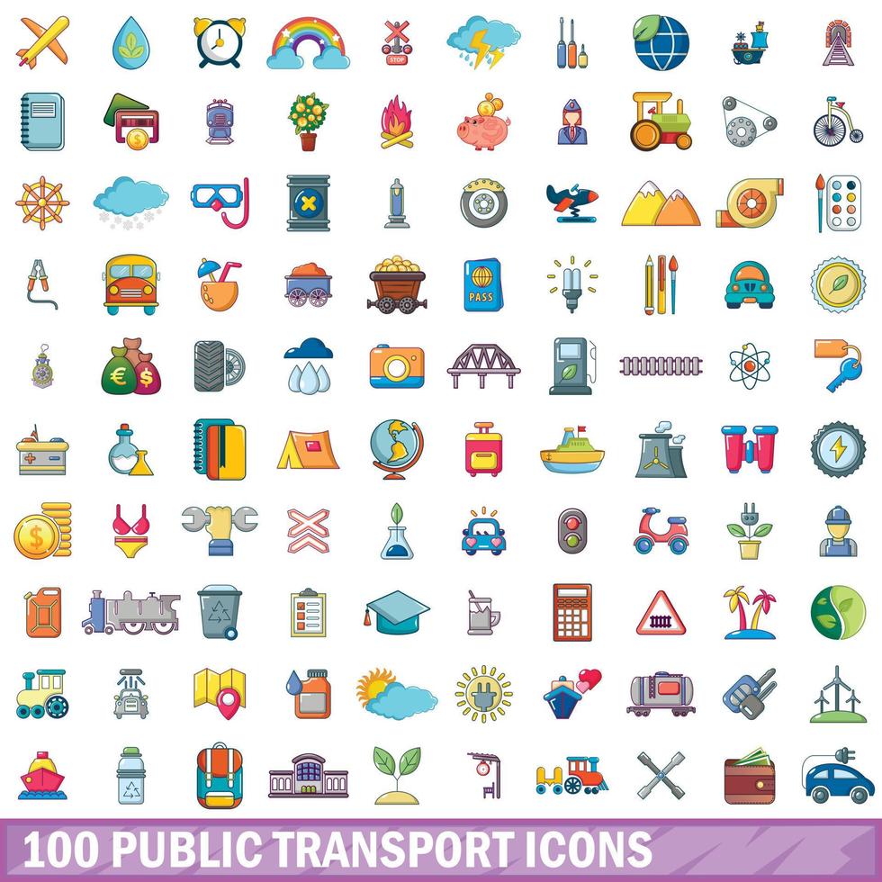 Conjunto de 100 ícones de transporte público, estilo cartoon vetor