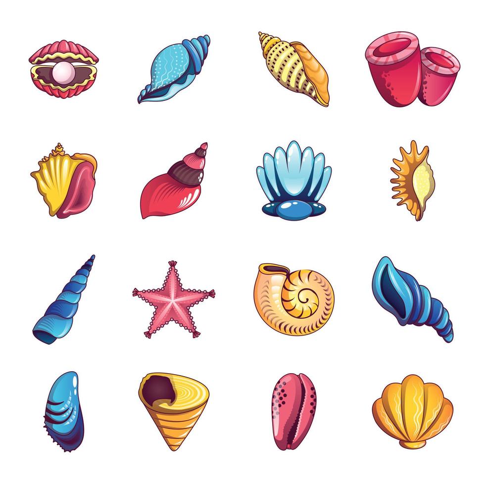 conjunto de ícones de conchas do mar tropical, estilo cartoon vetor
