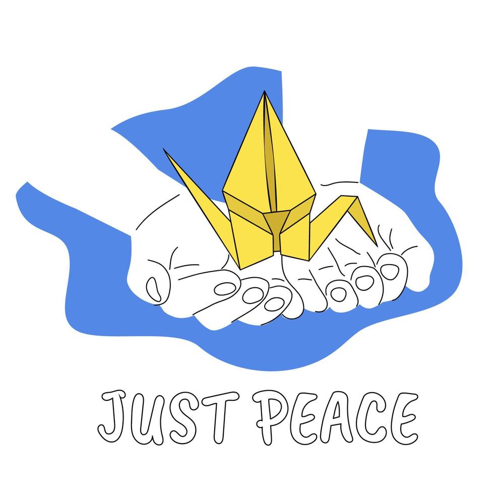 abra as mãos das crianças com guindaste de origami em cores azuis amarelas, paz sem conceito de guerra e apenas script de paz, símbolo japonês contra ilustração vetorial de bomba atômica vetor