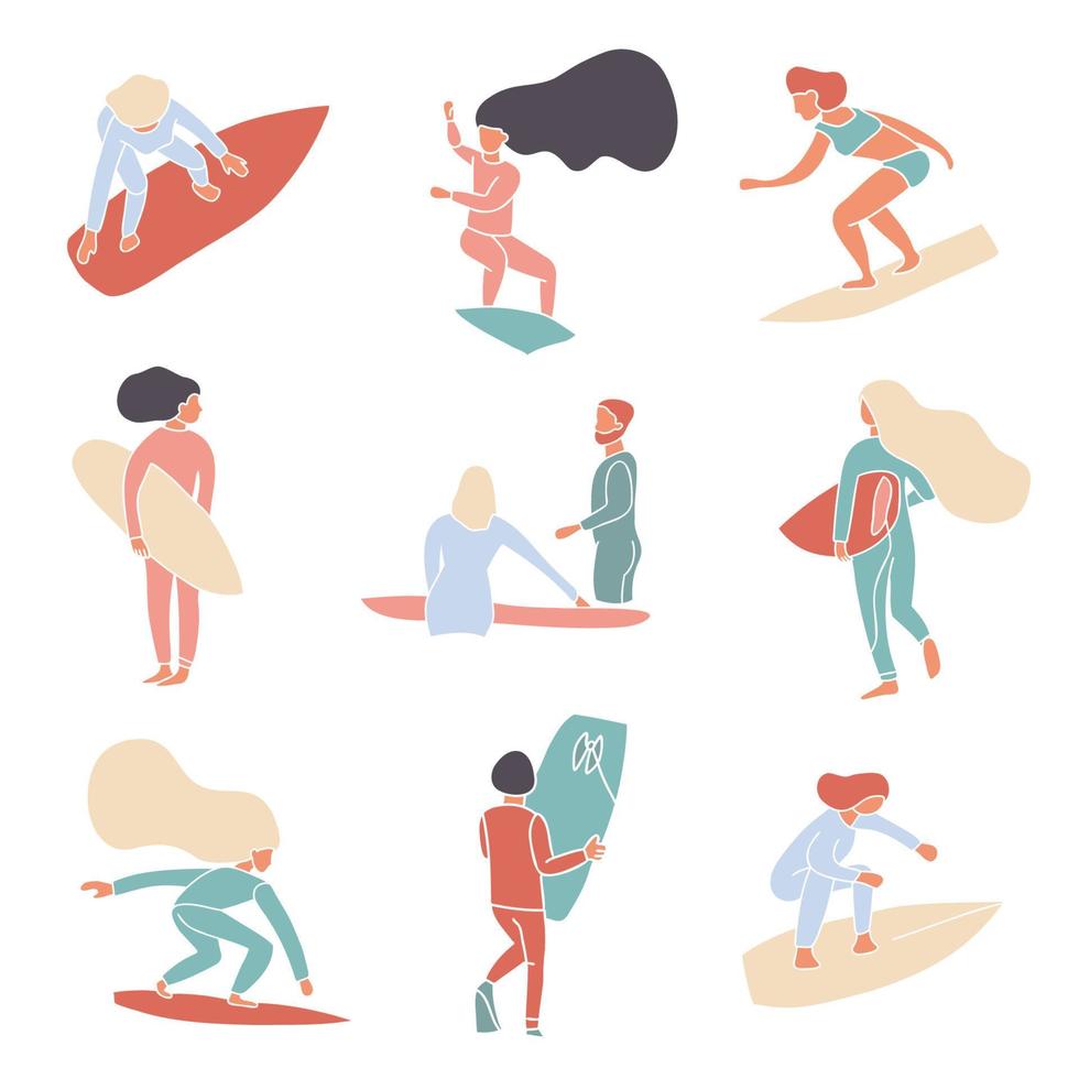 conjunto de vetores de silhuetas sem rosto de surfistas abstratos simples. bandeira do logotipo da escola de surf. meninas e meninos estão surfando. ilustração vetorial de surfistas de onda