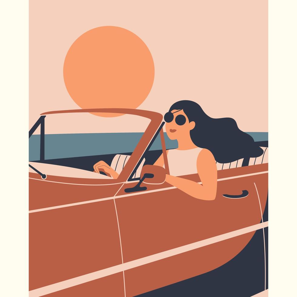 mulher dirigindo férias carro dos desenhos animados pôr do sol viagens vetor