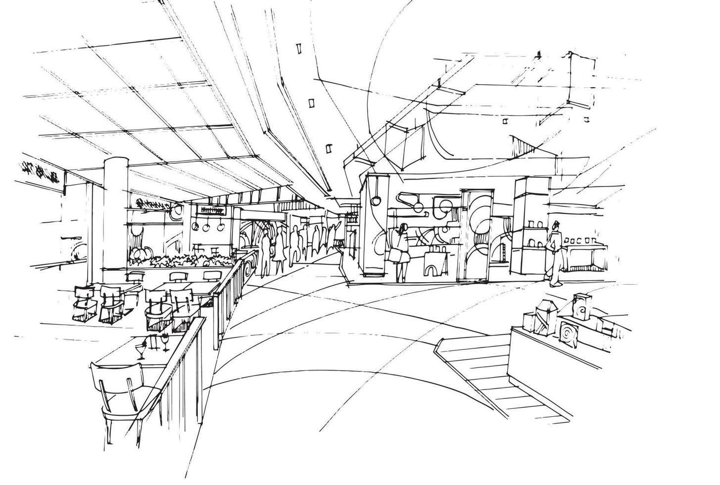 área do corredor do shopping os restaurantes e lojas esboçam desenho, design moderno, vetor, ilustração 2d vetor