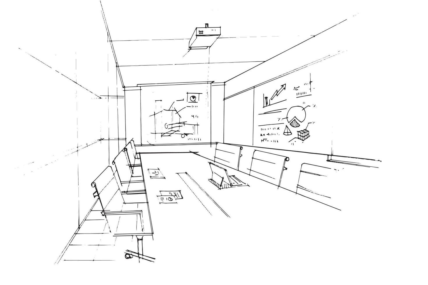 espaço da sala de reuniões no desenho de esboço do escritório, design moderno, vetor, ilustração 2d vetor