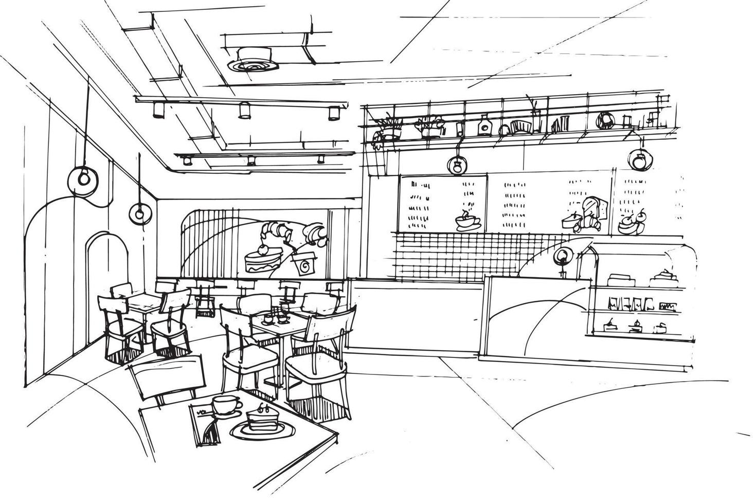 padaria, desenho de esboço de loja de bebidas e sobremesas, design moderno, vetor, ilustração 2d vetor