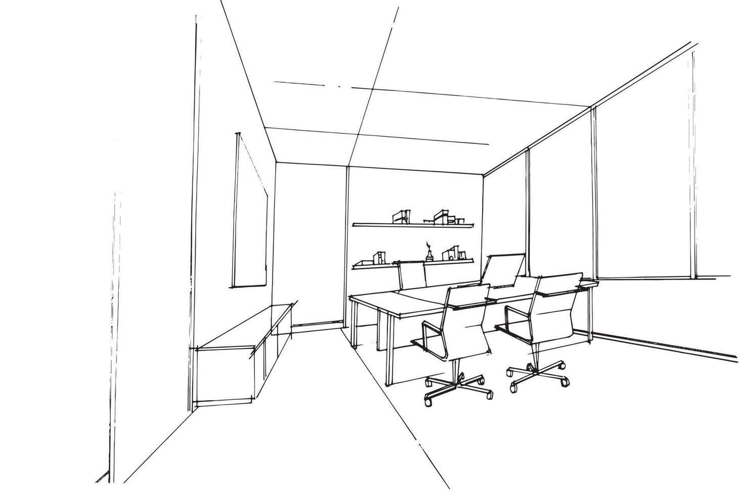 desenho de esboço da sala de um gerente em um espaço de escritório, design moderno, vetor, ilustração 2d vetor
