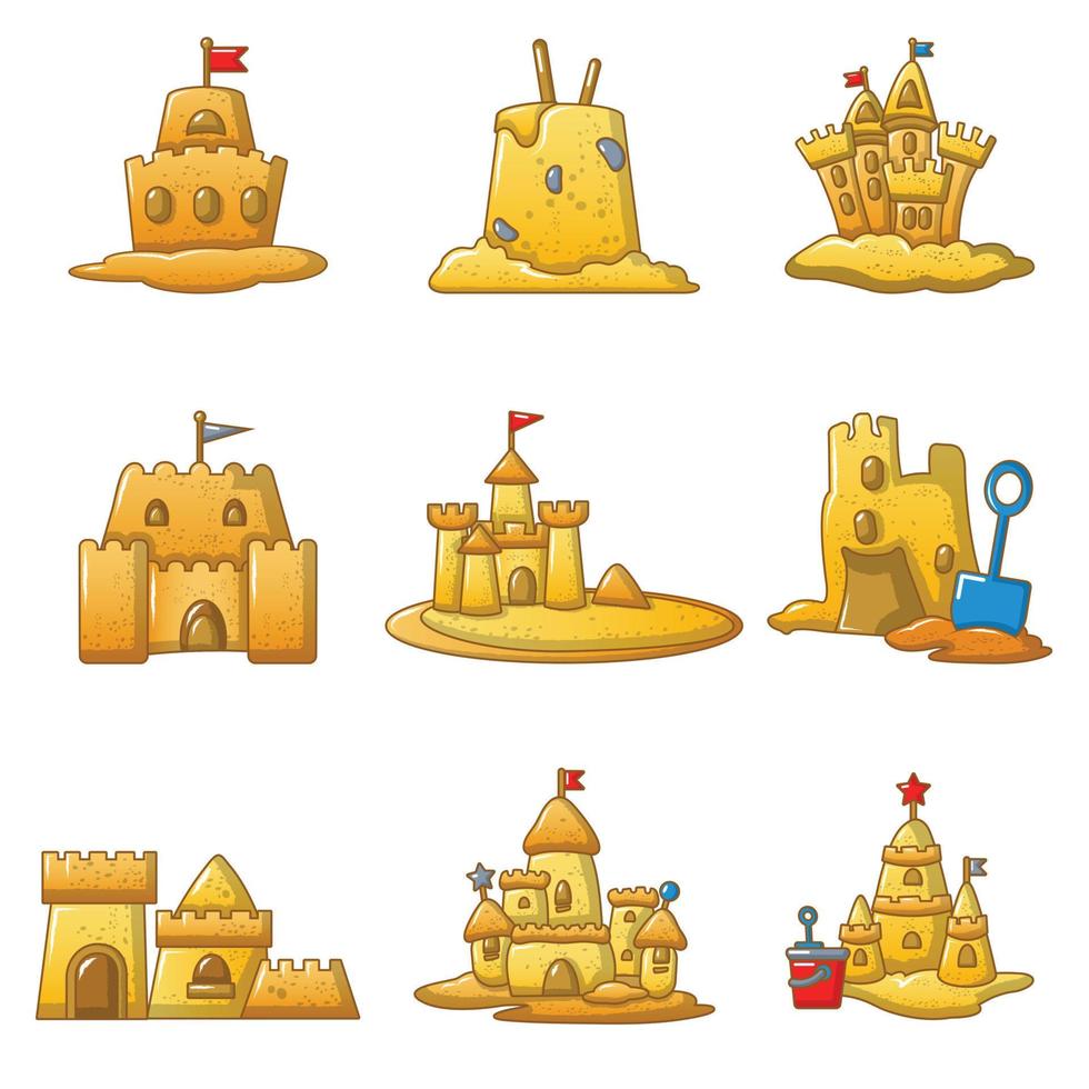 conjunto de ícones de praia de castelo de areia, estilo cartoon vetor