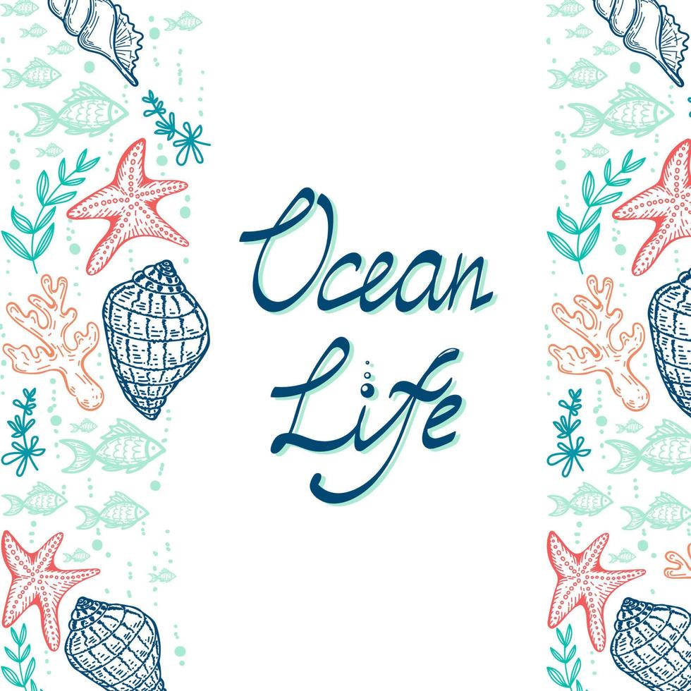 banner com silhuetas de criaturas do mar em fundo branco. um ótimo design para anunciar produtos oceânicos ecológicos. conchas, peixes, estrelas do mar e algas. elementos desenhados à mão em um estilo simples vetor