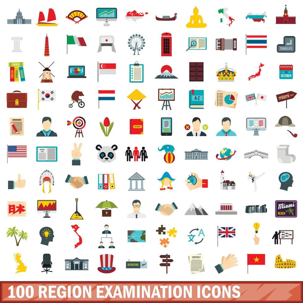conjunto de ícones de exame de 100 regiões, estilo simples vetor