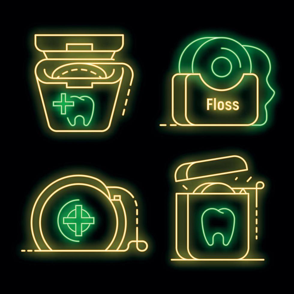 conjunto de ícones odontológicos de fio dental vetor neon