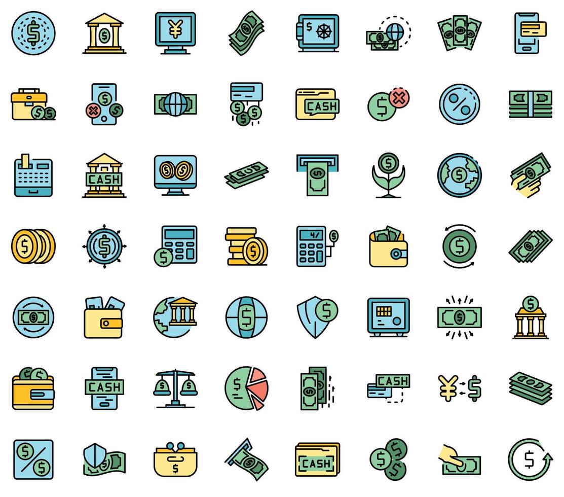 ícones de dinheiro do banco definir vetor de cor de linha