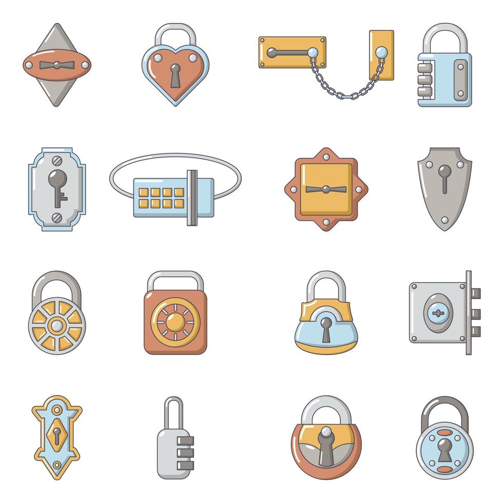 conjunto de ícones de tipos de porta de bloqueio, estilo de desenho animado vetor