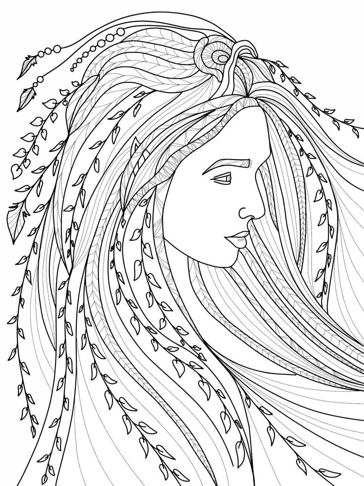 fada da floresta, princesa com cabelo comprido em folhas e flores livro de colorir para crianças e adultos vetor