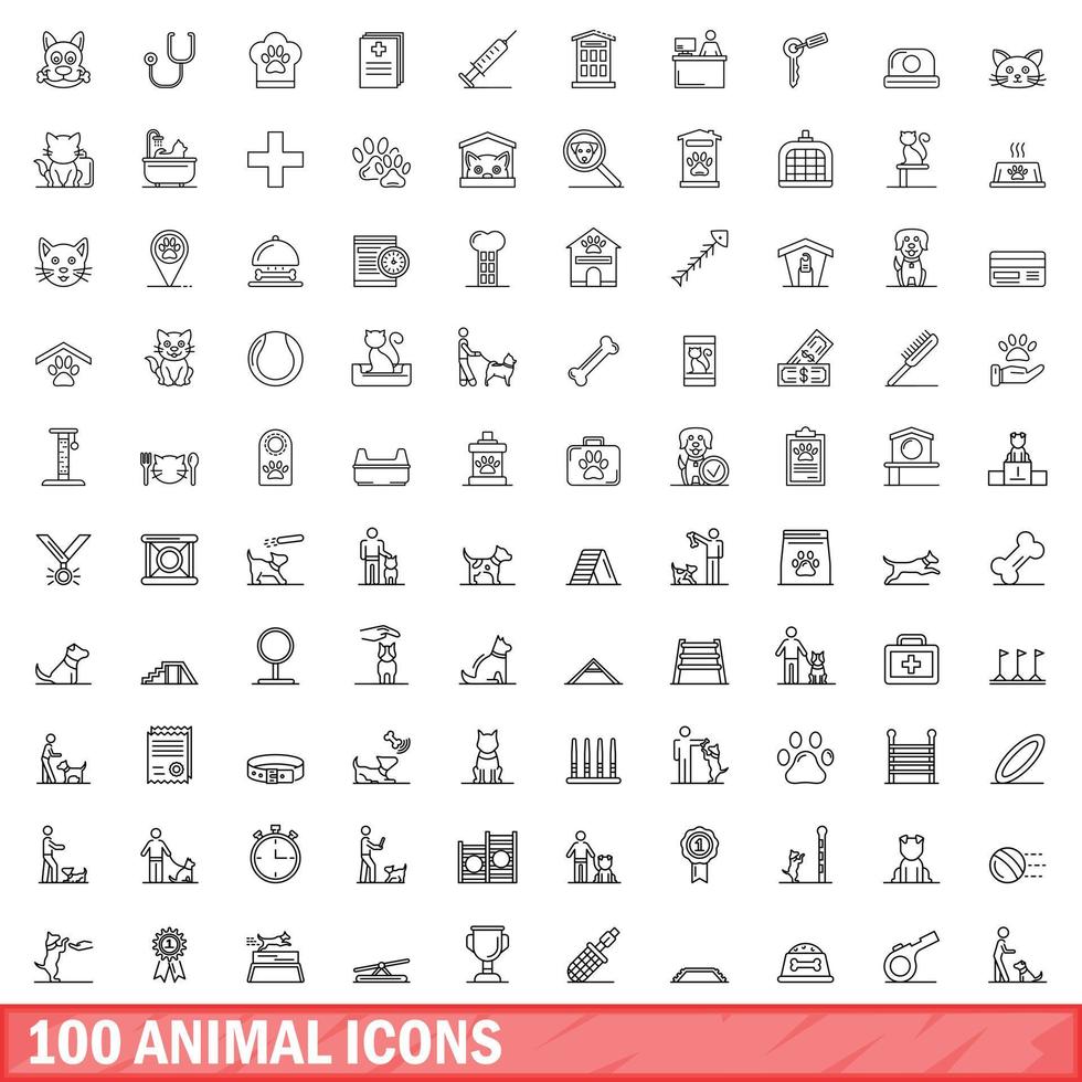 conjunto de 100 ícones de animais, estilo de contorno vetor