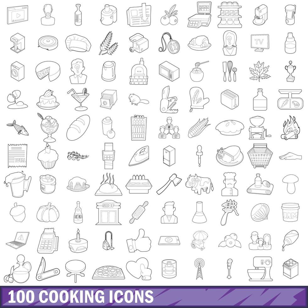 100 ícones de cozinha definidos, estilo de contorno vetor