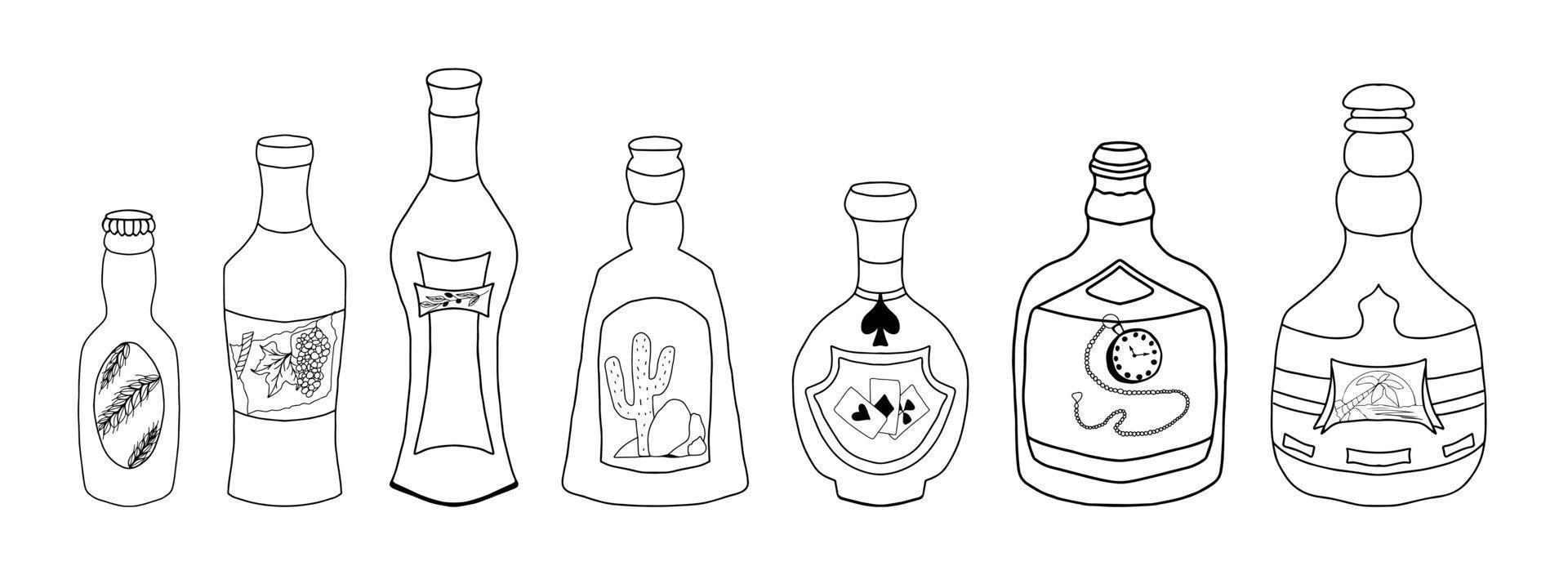 conjunto de garrafas de licor desenhadas à mão com rótulos vetor