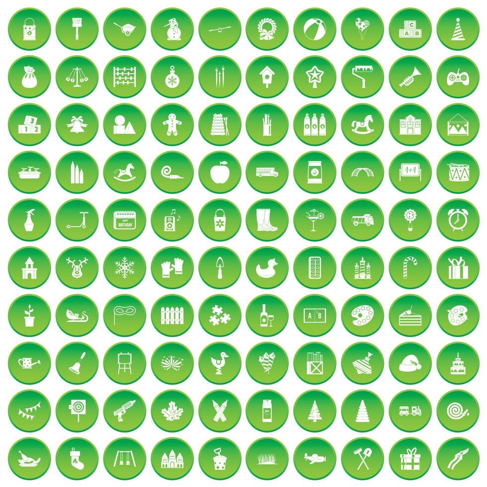 100 ícones de educação pré-escolar definir círculo verde vetor