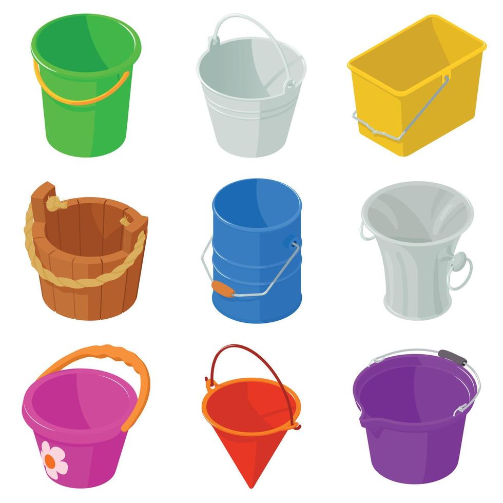 conjunto de ícones de contêiner de tipos de balde, estilo isométrico vetor