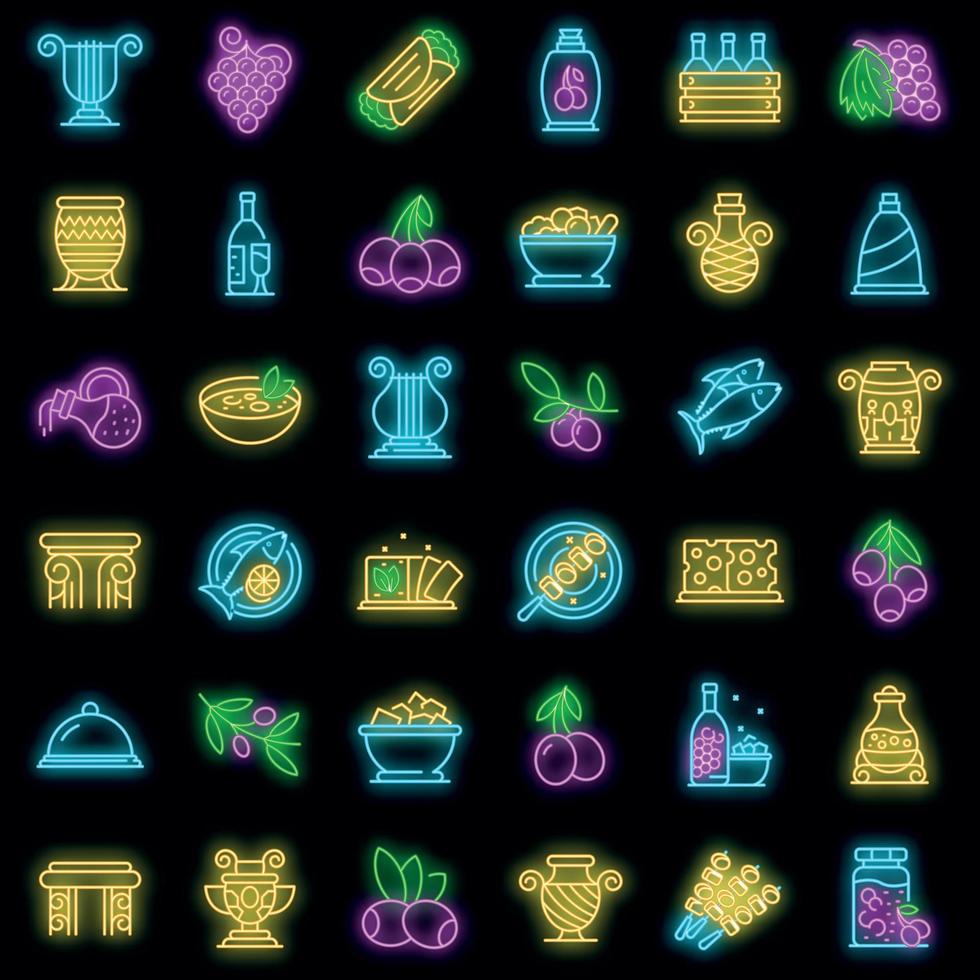 conjunto de ícones de comida grécia vetor neon