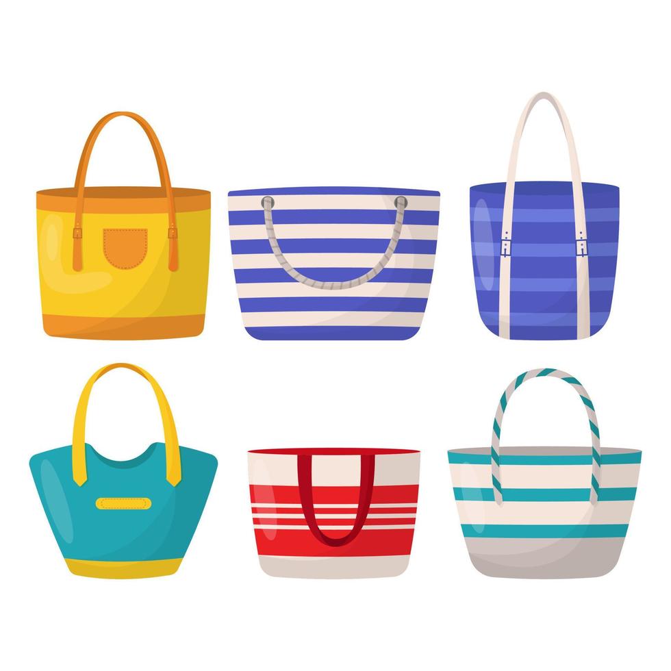 conjunto de bolsas de verão femininas coloridas. sacolas de compras femininas coloridas vetor