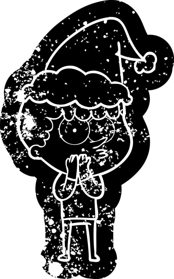 ícone angustiado dos desenhos animados de um menino curioso usando chapéu de papai noel vetor