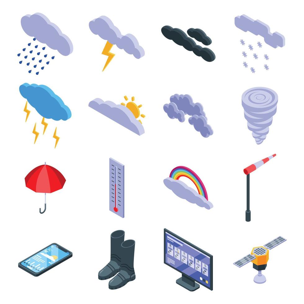 conjunto de ícones de tempo nublado, estilo isométrico vetor