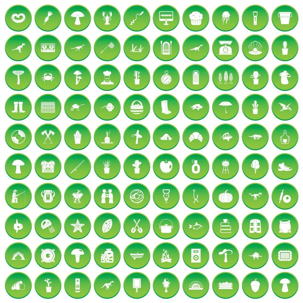 100 ícones de hobby definir círculo verde vetor
