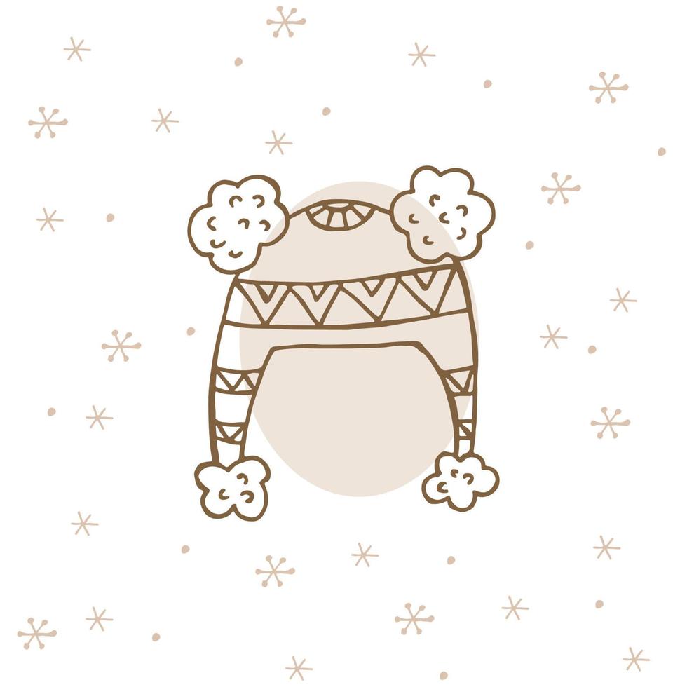 uma roupa de inverno desenhada à mão. ilustração vetorial em estilo doodle. clima de inverno. olá 2023. feliz natal e feliz ano novo. chapéu marrom com ornamento e pompon em fundo branco com flocos de neve. vetor