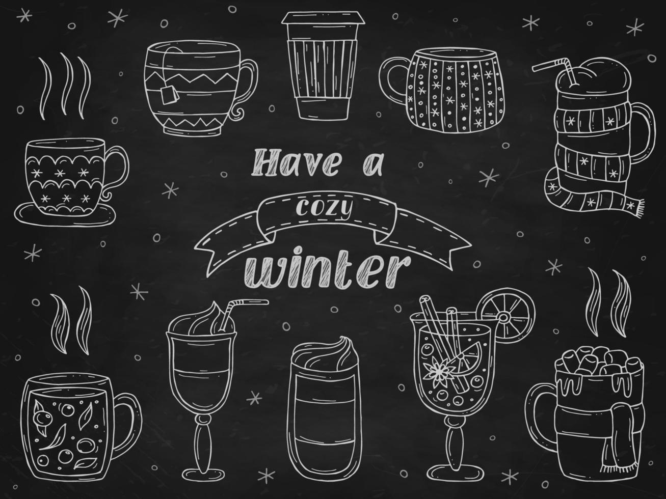 conjunto de bebidas de inverno de aquecimento em um quadro de giz preto. ilustração vetorial em estilo doodle. clima de inverno. olá 2023. feliz natal e feliz ano novo. vetor