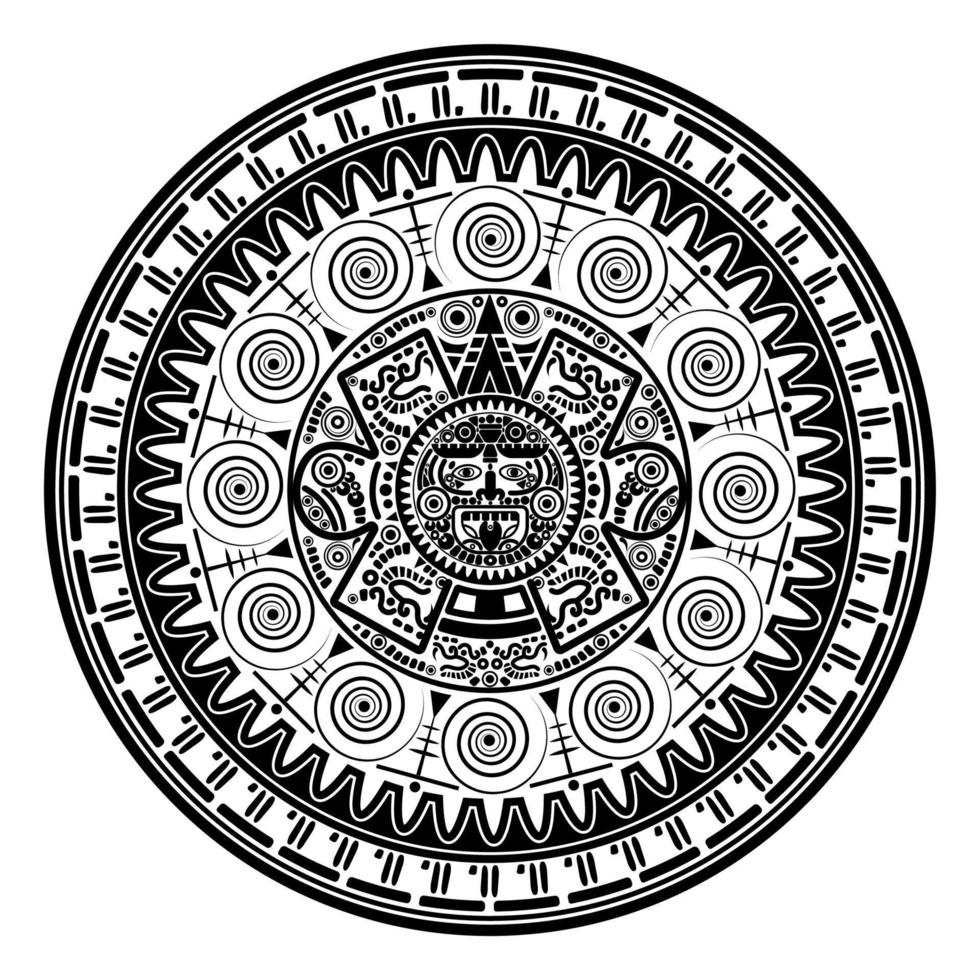 calendário sagrado da roda asteca deus do sol maia, símbolos maia máscara étnica, tatuagem preta borda moldura redonda antiga ilustração em vetor ícone logotipo isolado no fundo branco