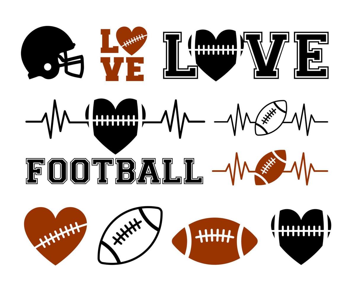 futebol americano bola jogador capacete rugby logotipo emblema estádio silhueta futebol esportes amor coração vetor