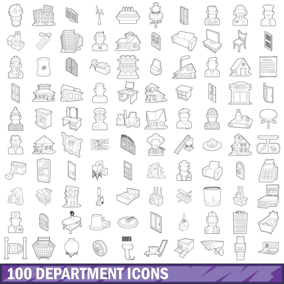 Conjunto de 100 ícones de departamento, estilo de estrutura de tópicos vetor