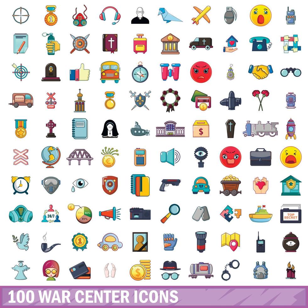 Conjunto de 100 ícones do centro de guerra, estilo cartoon vetor