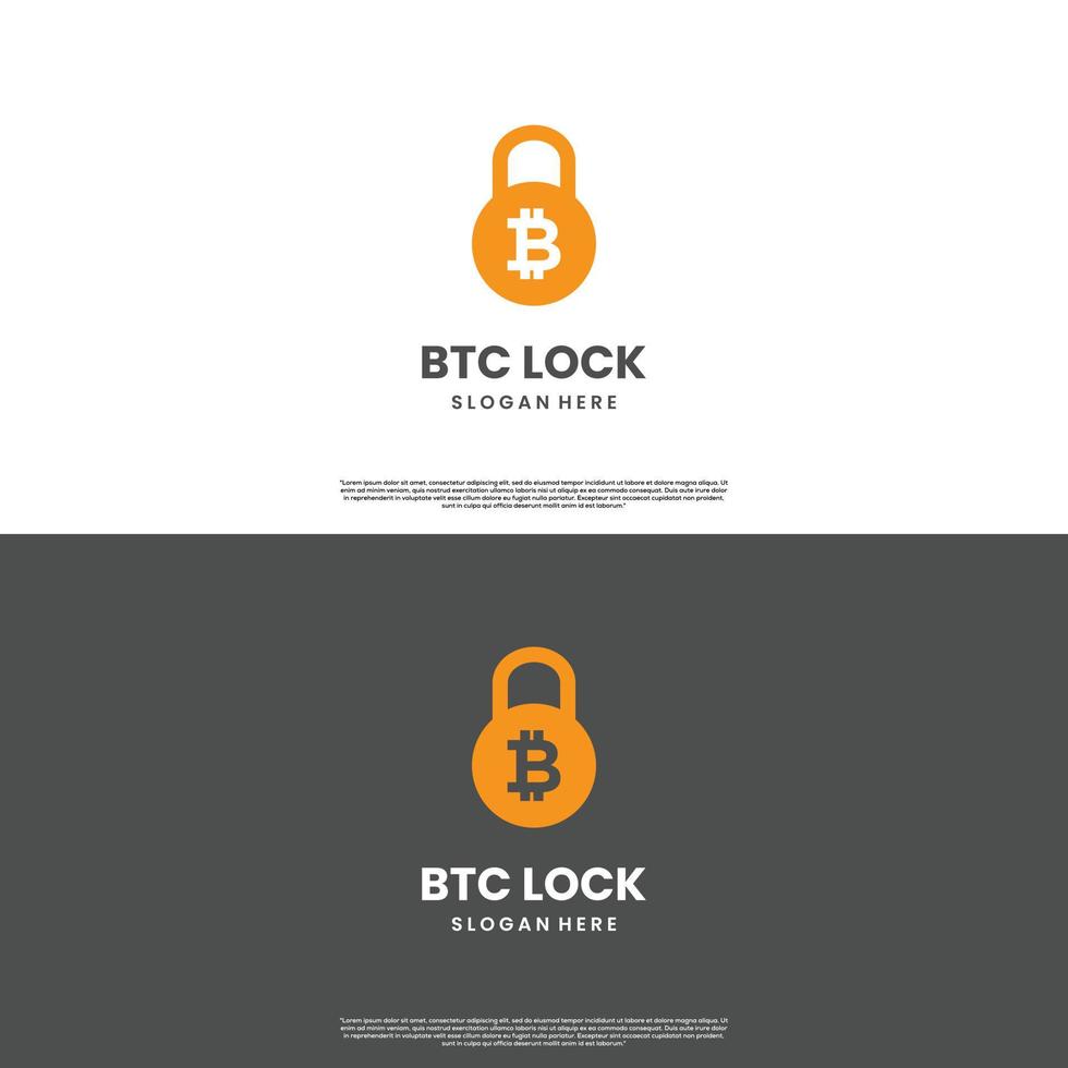 bitcoin combina com logotipo de cadeado, modelo de ícone de bitcoin de segurança, desbloqueio de logotipo de bitcoin vetor