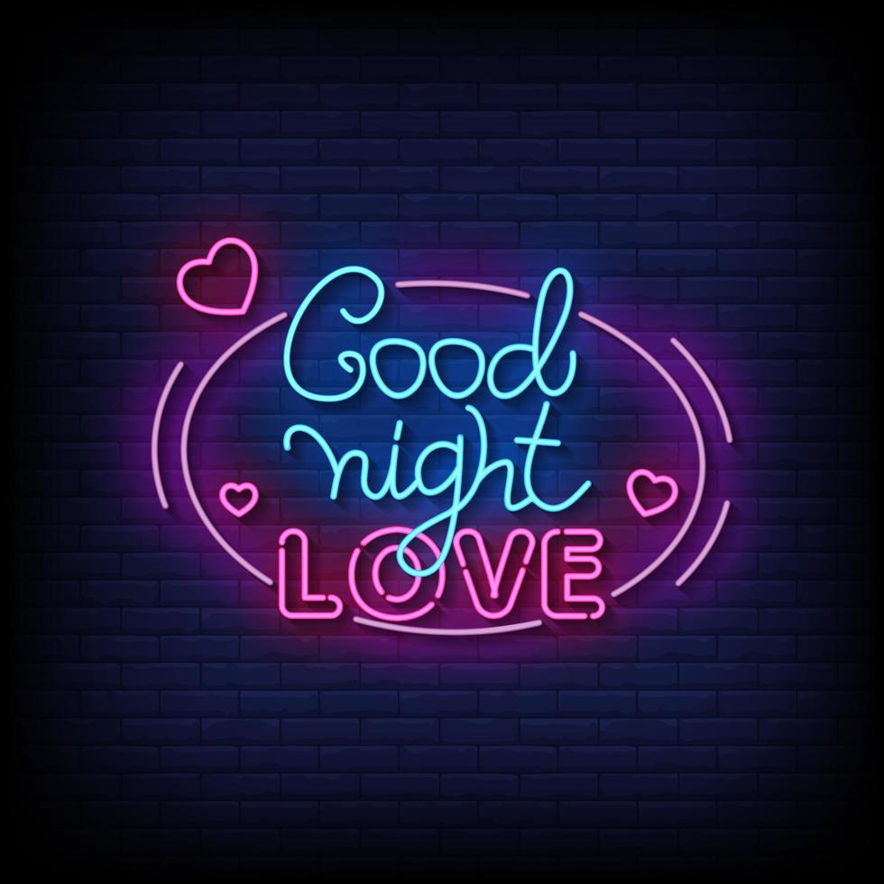 boa noite amor sinal de néon no vetor de fundo de parede de tijolo