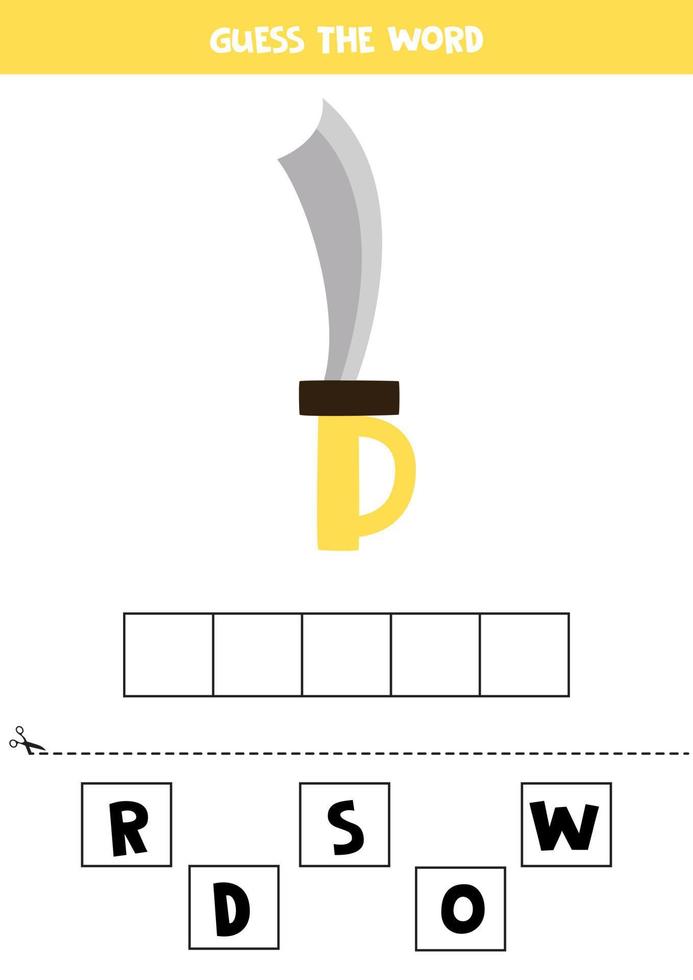 jogo de ortografia para crianças. espada desenhada de mão. vetor