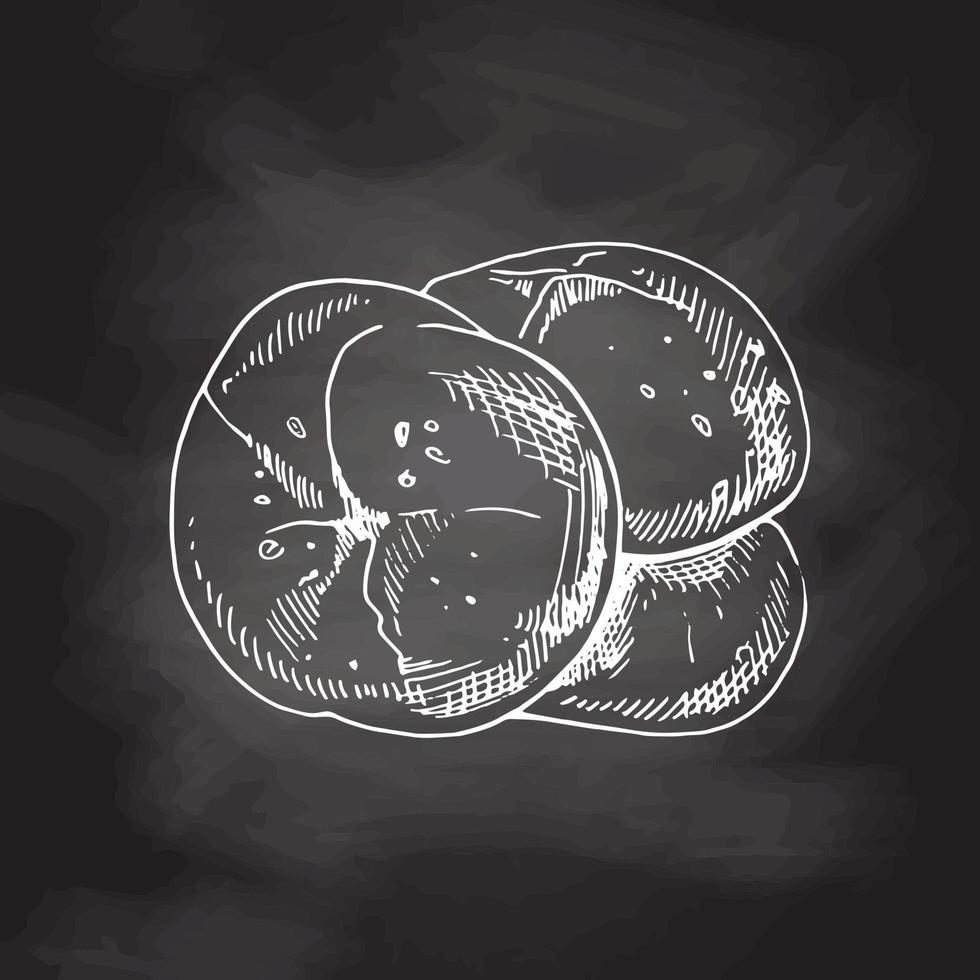 ilustração vetorial desenhada à mão de rolo, pão. esboço branco isolado na lousa preta. ícone de esboço e elemento de padaria para impressão, web, mobile e infográficos. vetor