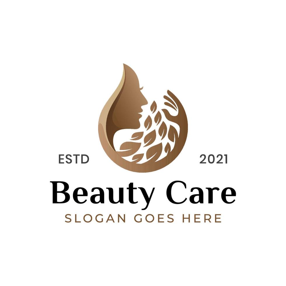logotipo de cuidados de beleza pura, logotipo de mulher de spa de beleza com símbolo de folha vetor