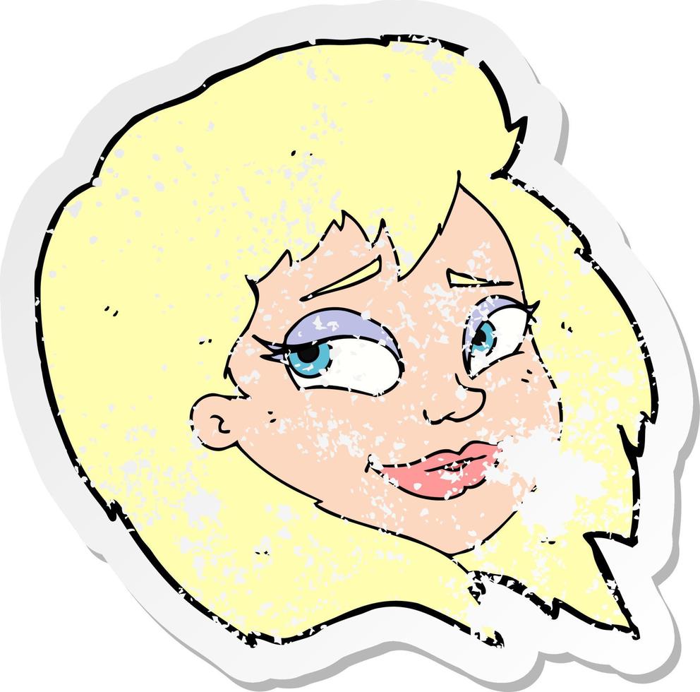 adesivo retrô angustiado de um rosto feminino feliz de desenho animado vetor