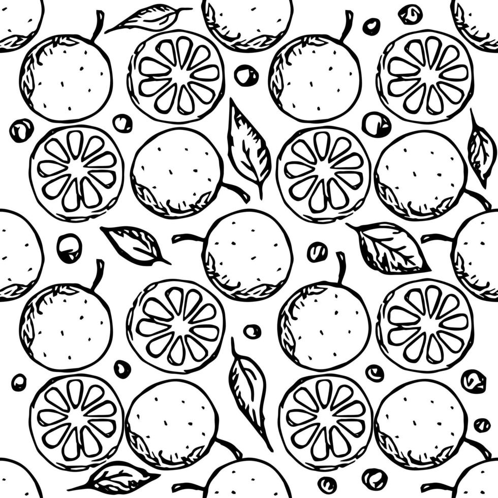 sem costura padrão laranja. fundo laranja preto e branco. doodle ilustração vetorial com frutas vetor