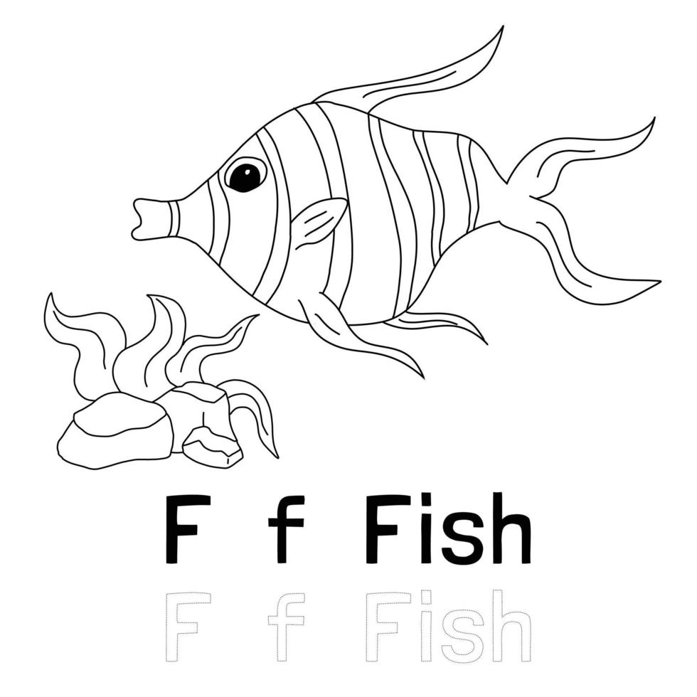 letra do alfabeto f para página de coloração de peixes, ilustração de animais para colorir vetor
