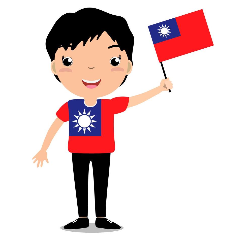 criança sorridente, menino, segurando uma bandeira de taiwan isolada no fundo branco. mascote de desenho vetorial. ilustração de férias para o dia do país, dia da independência, dia da bandeira. vetor