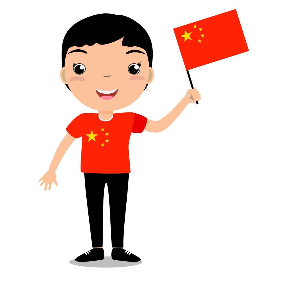 criança sorridente, menino, segurando uma bandeira da china isolada no fundo branco. mascote de desenho vetorial. ilustração de férias para o dia do país, dia da independência, dia da bandeira. vetor