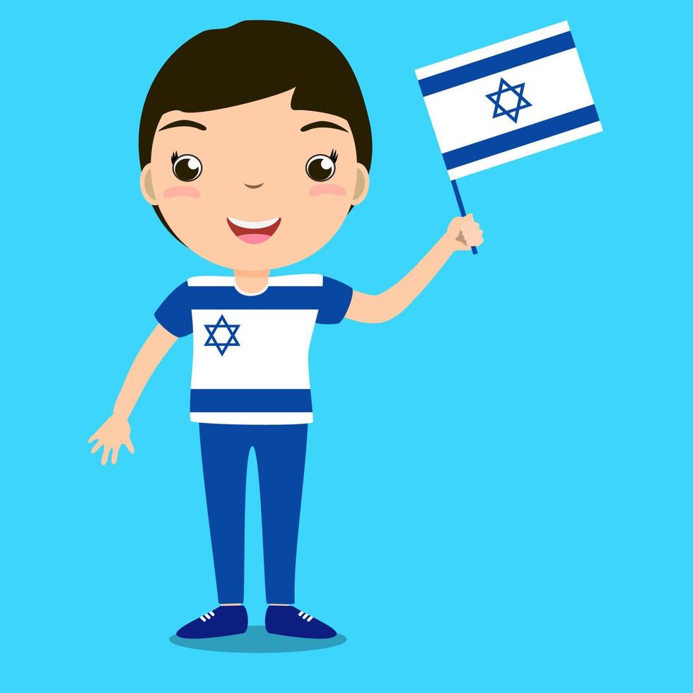 criança sorridente, menino, segurando uma bandeira de israel isolada em fundo azul. mascote de desenho vetorial. ilustração de férias para o dia do país, dia da independência, dia da bandeira. vetor
