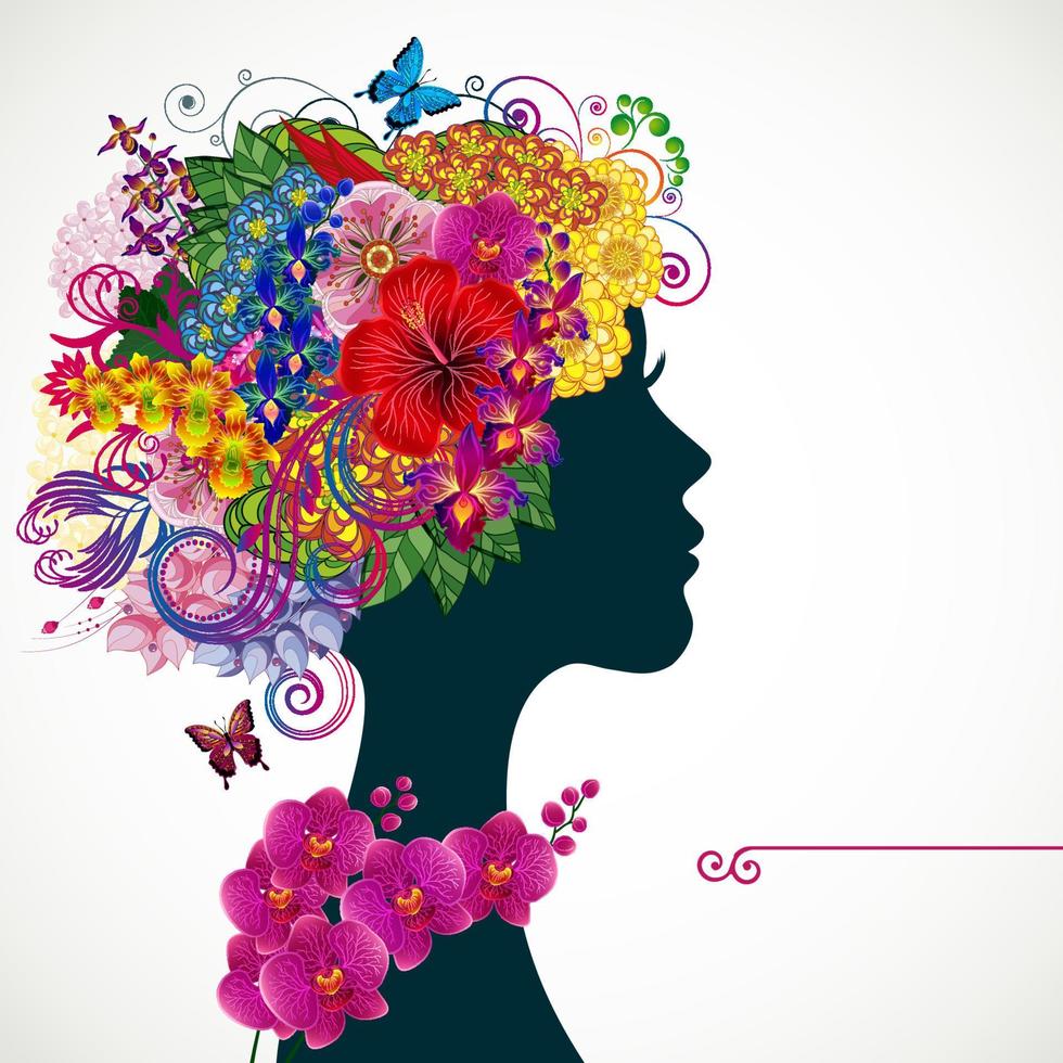 mulher jovem e bonita com flores tropicais no cabelo do herdeiro. ilustração vetorial cartão beleza e moda. vetor
