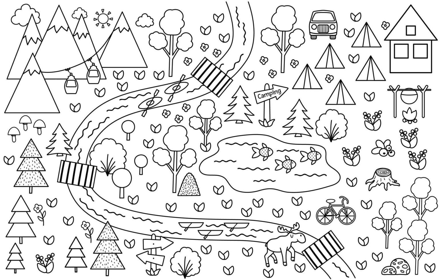 mapa de acampamento preto e branco. fundo de acampamento de verão. vetor natureza clip-art, elementos de contorno infográfico ou página para colorir com montanhas, floresta, rio, bicicleta, teleférico. plano de caminhada ou fogueira.