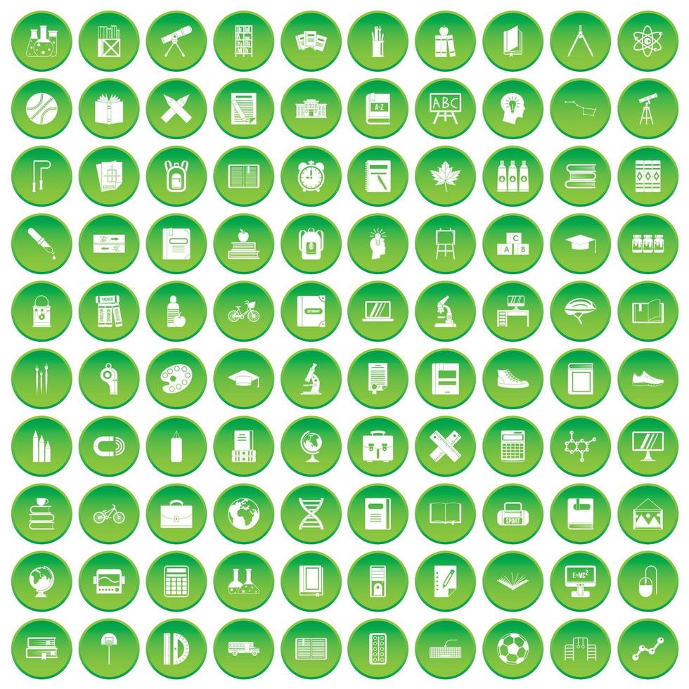 100 ícones de escola definir círculo verde vetor