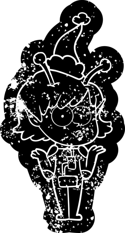 ícone angustiado dos desenhos animados de uma garota alienígena usando chapéu de papai noel vetor